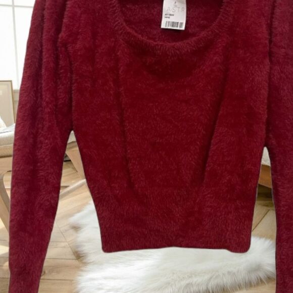 ASTR THE LABEL SQUARE NECK BURGUNDY WINE OX BLOOD FUZZY EYELASH SWEATER XL - Picture 13 of 16